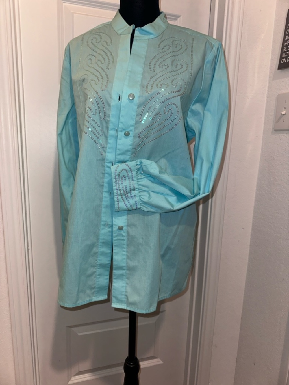 Bob Mackie Aqua Embellished Long Sleeve Blouse
